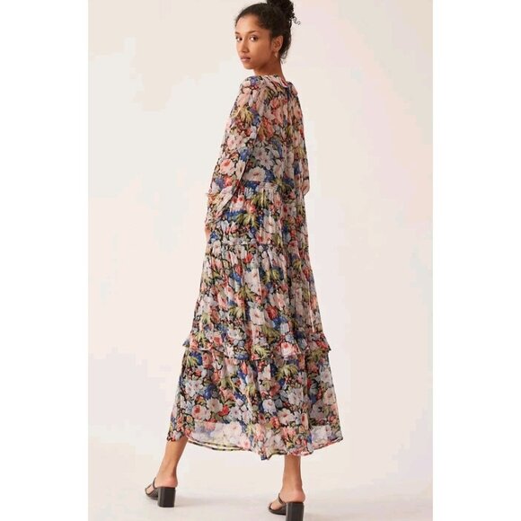 Anthropologie The Marais Printed Chiffon Maxi Dress Floral Sheer Overlay L - Picture 1 of 15